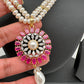 Ruby Red Stone AD Pendent Double Line Real Freshwater Pearls Necklace