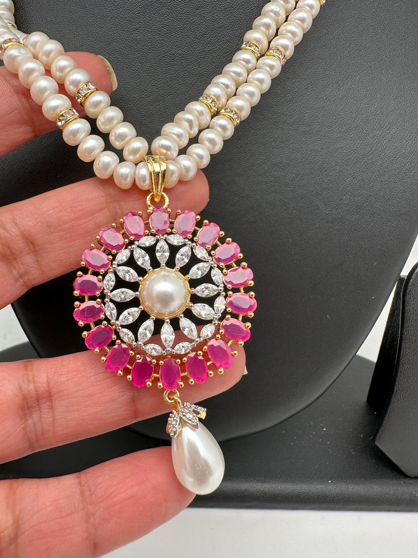Ruby Red Stone AD Pendent Double Line Real Freshwater Pearls Necklace