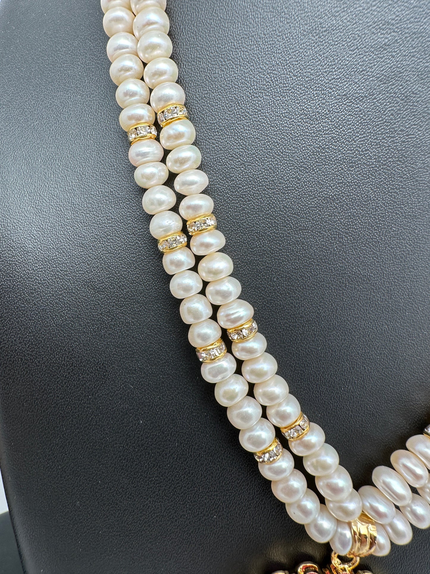 Ruby Red Stone AD Pendent Double Line Real Freshwater Pearls Necklace