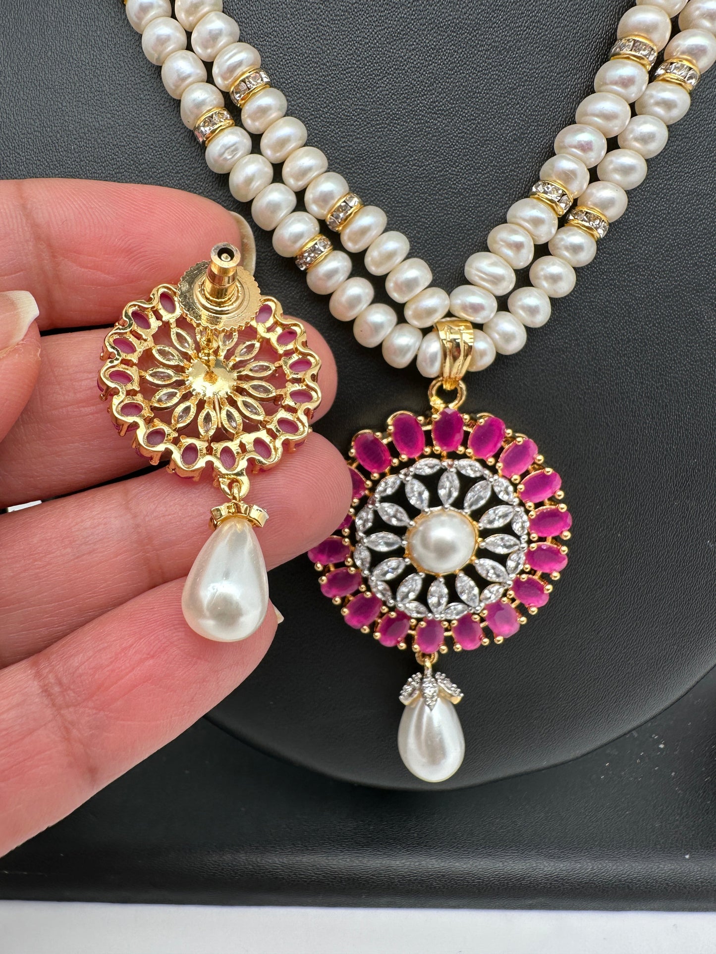 Ruby Red Stone AD Pendent Double Line Real Freshwater Pearls Necklace