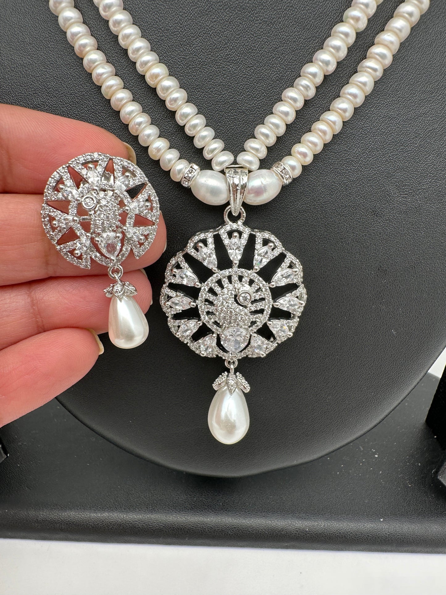 AD Pendent Double Line Real Freshwater Pearls Necklace