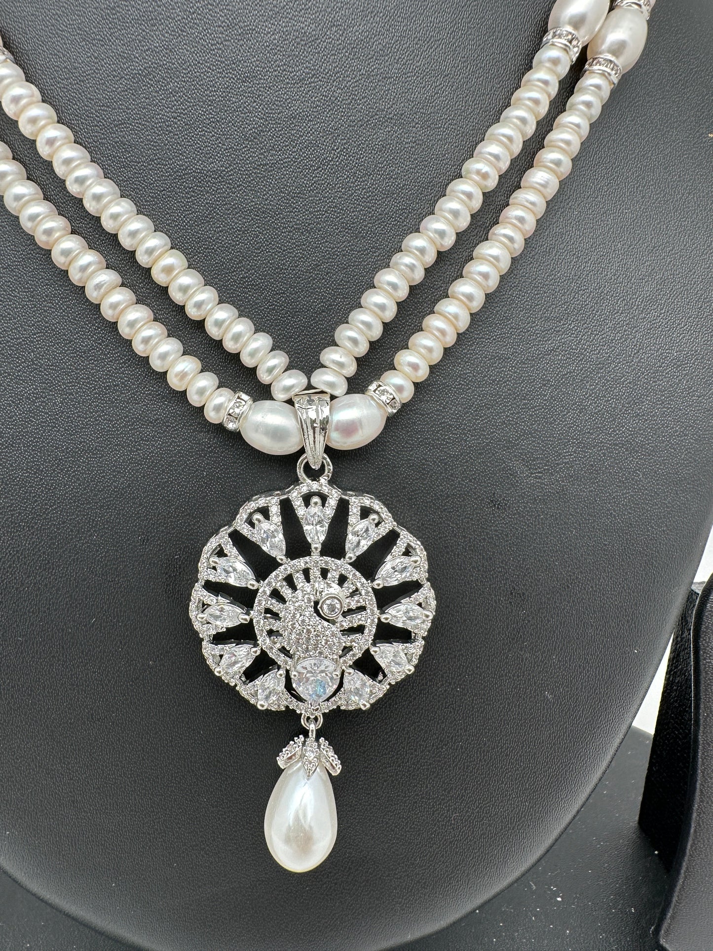 AD Pendent Double Line Real Freshwater Pearls Necklace