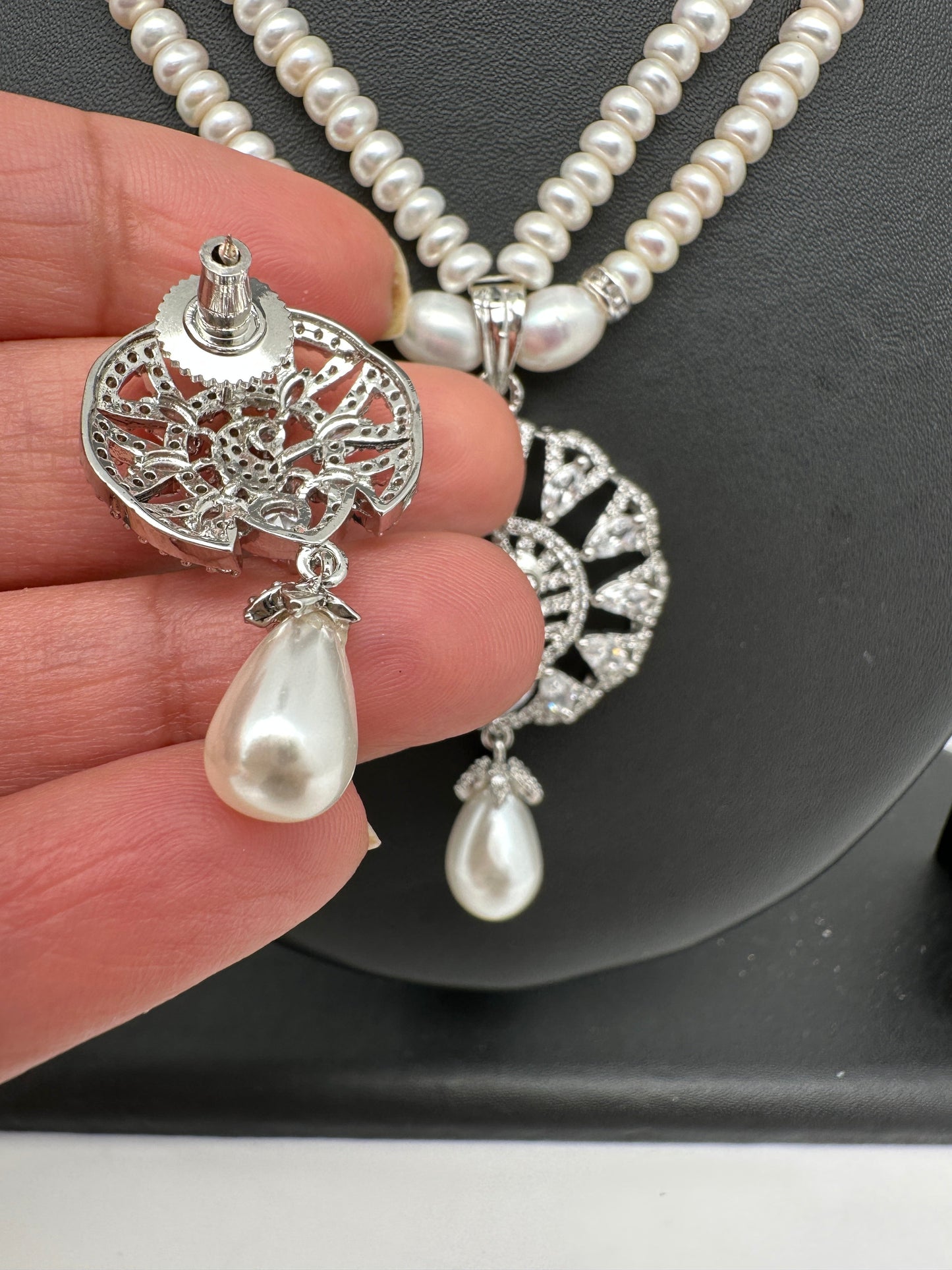 AD Pendent Double Line Real Freshwater Pearls Necklace