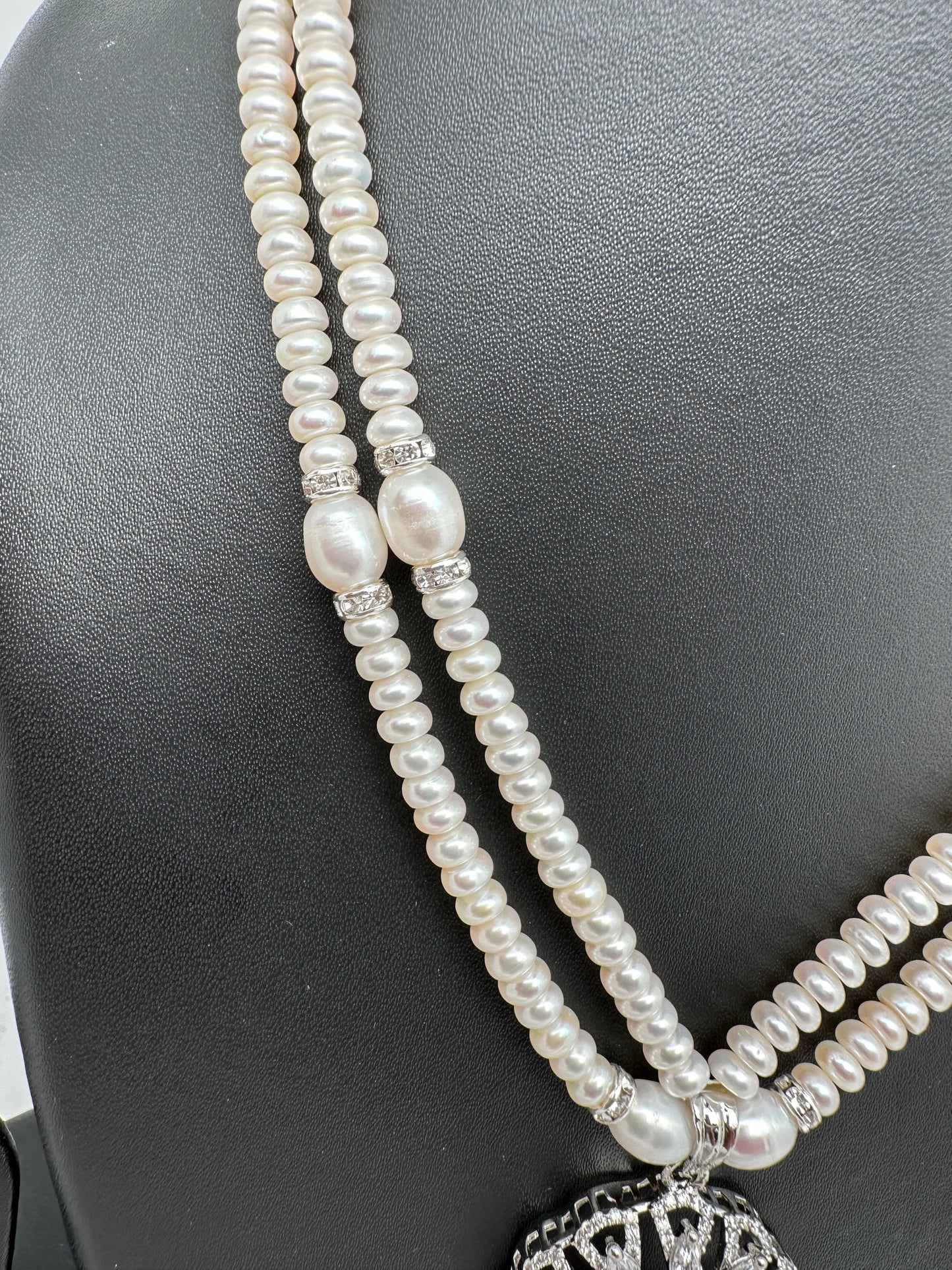 AD Pendent Double Line Real Freshwater Pearls Necklace