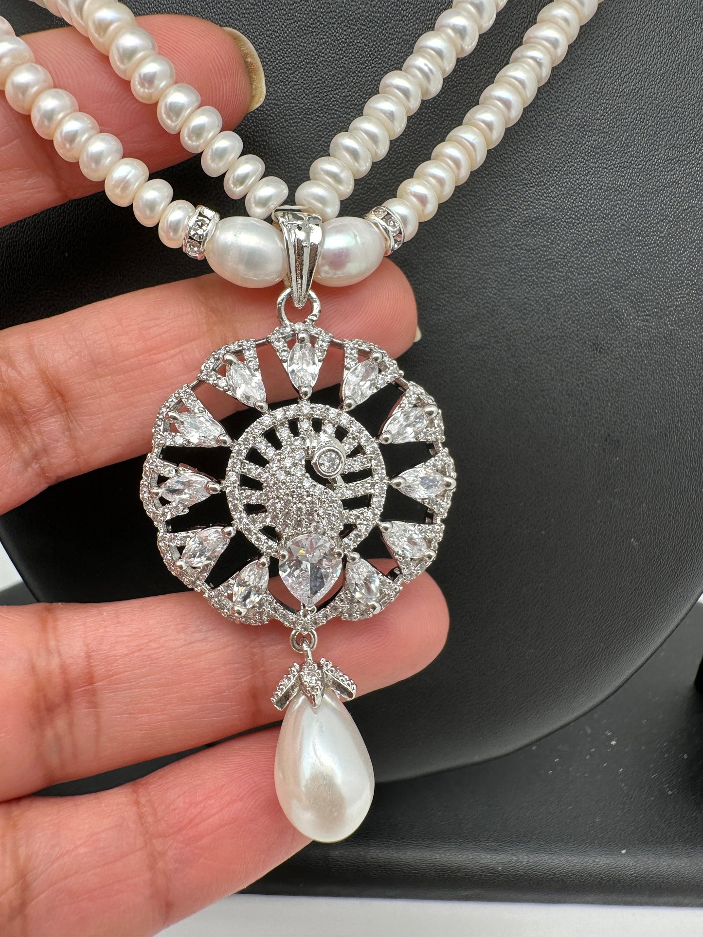 AD Pendent Double Line Real Freshwater Pearls Necklace
