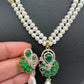 Emerald Green Stone AD Pendent Double Line Real Freshwater Pearls Necklace