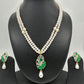 Emerald Green Stone AD Pendent Double Line Real Freshwater Pearls Necklace