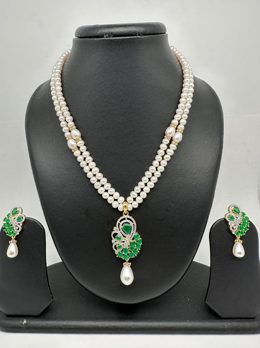 Emerald Green Stone AD Pendent Double Line Real Freshwater Pearls Necklace