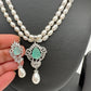 Mint Green Stone AD Pendent Double Line Real Kalagi Freshwater Pearls Necklace