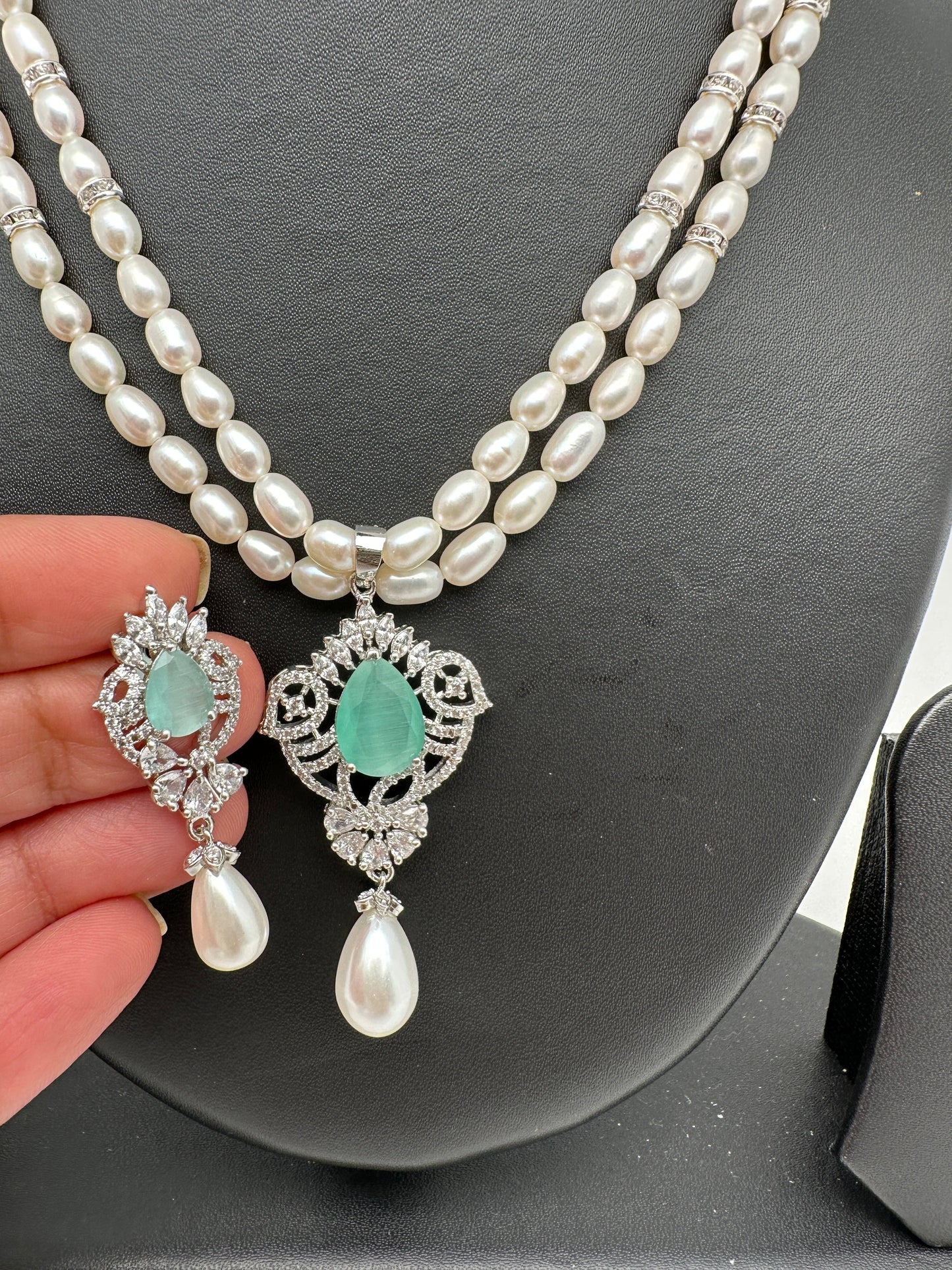 Mint Green Stone AD Pendent Double Line Real Kalagi Freshwater Pearls Necklace