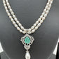 Mint Green Stone AD Pendent Double Line Real Kalagi Freshwater Pearls Necklace