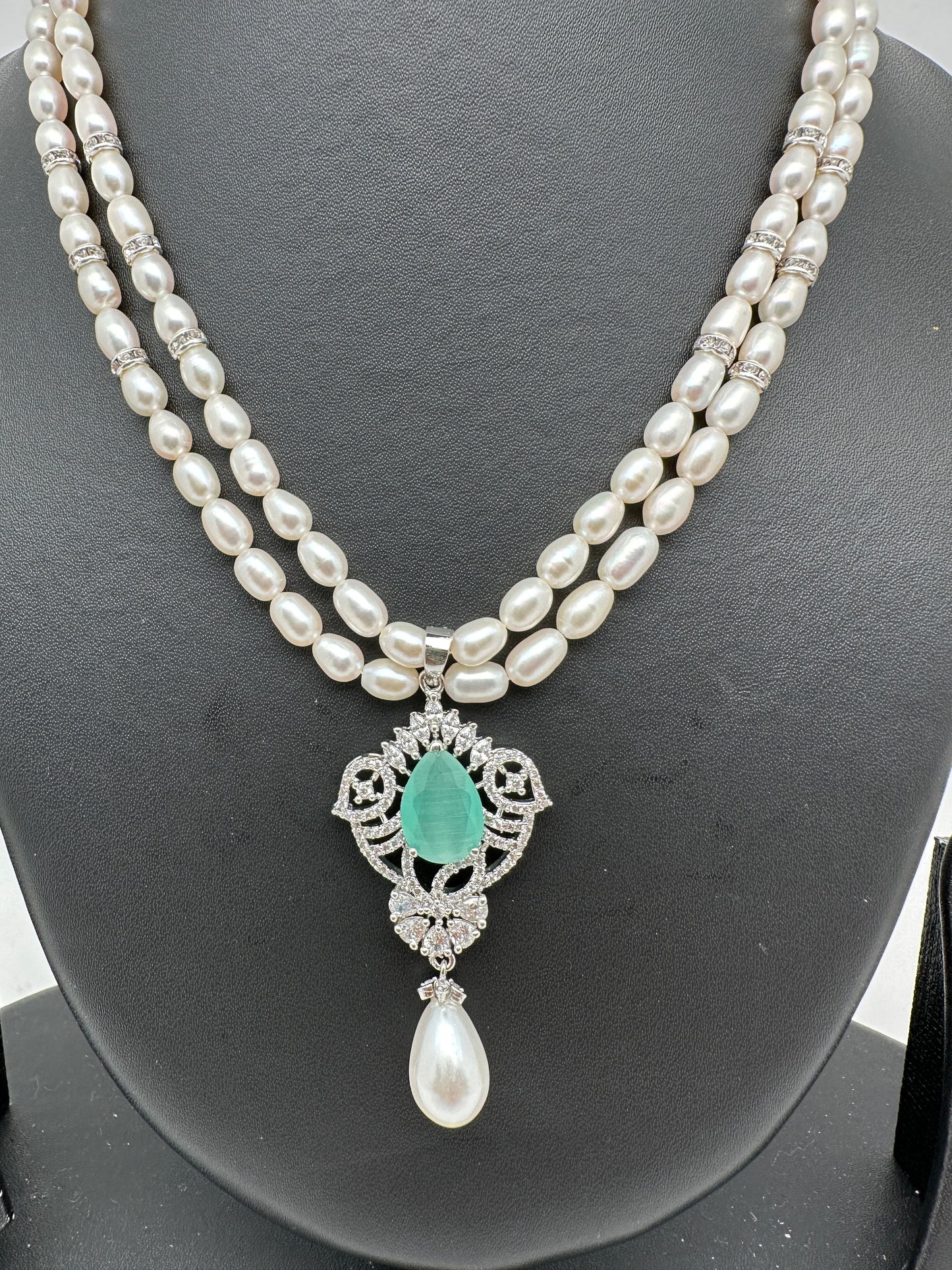 Mint Green Stone AD Pendent Double Line Real Kalagi Freshwater Pearls Necklace