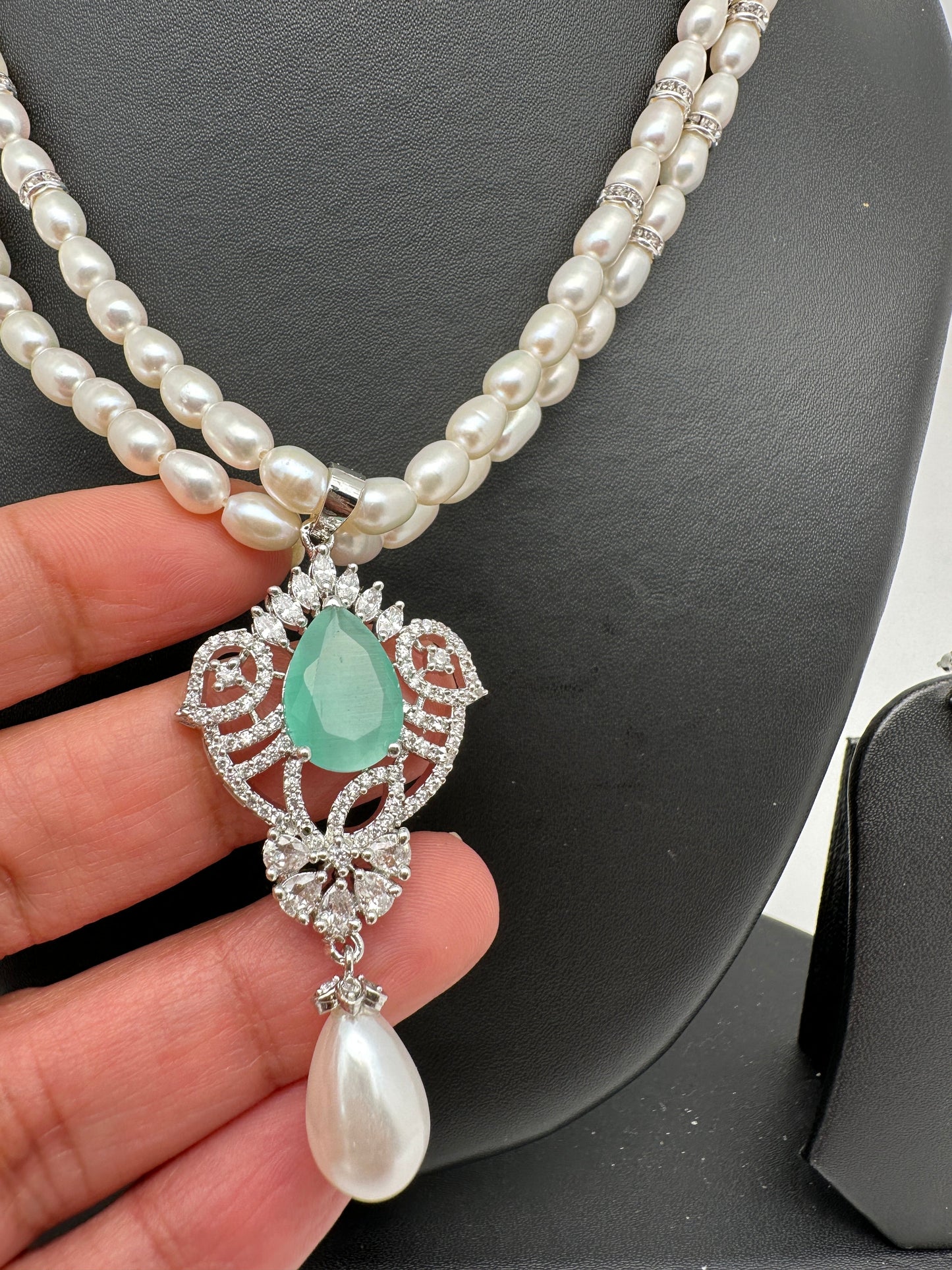 Mint Green Stone AD Pendent Double Line Real Kalagi Freshwater Pearls Necklace