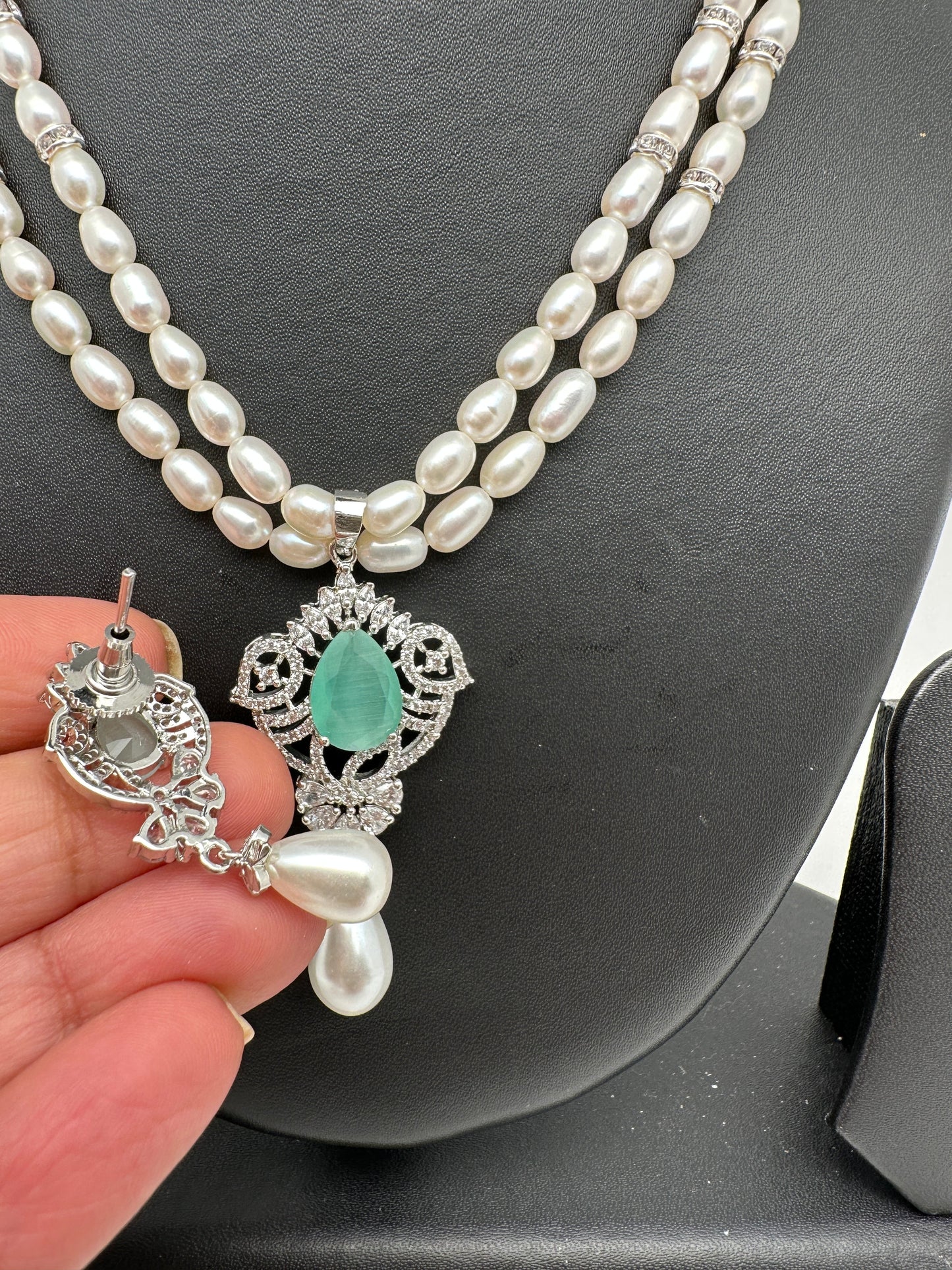 Mint Green Stone AD Pendent Double Line Real Kalagi Freshwater Pearls Necklace