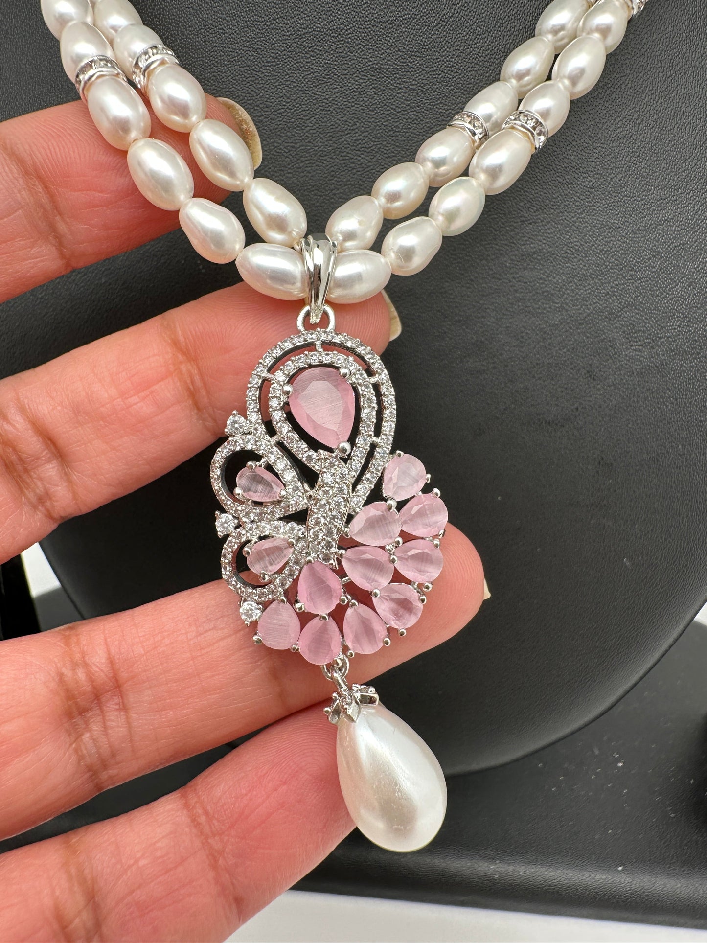 Pink Stone AD Pendent Double Line Real Kalagi Freshwater Pearls Necklace