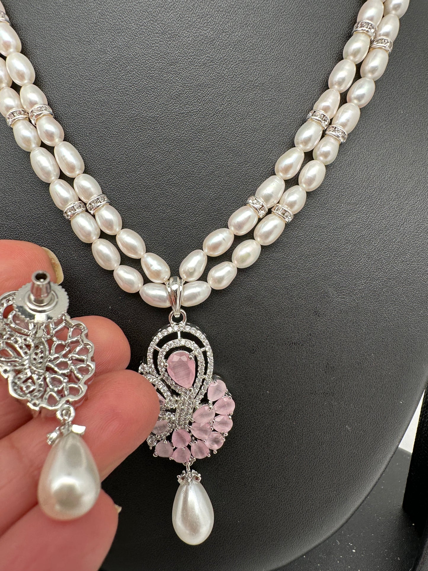 Pink Stone AD Pendent Double Line Real Kalagi Freshwater Pearls Necklace