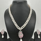 Pink Stone AD Pendent Double Line Real Kalagi Freshwater Pearls Necklace