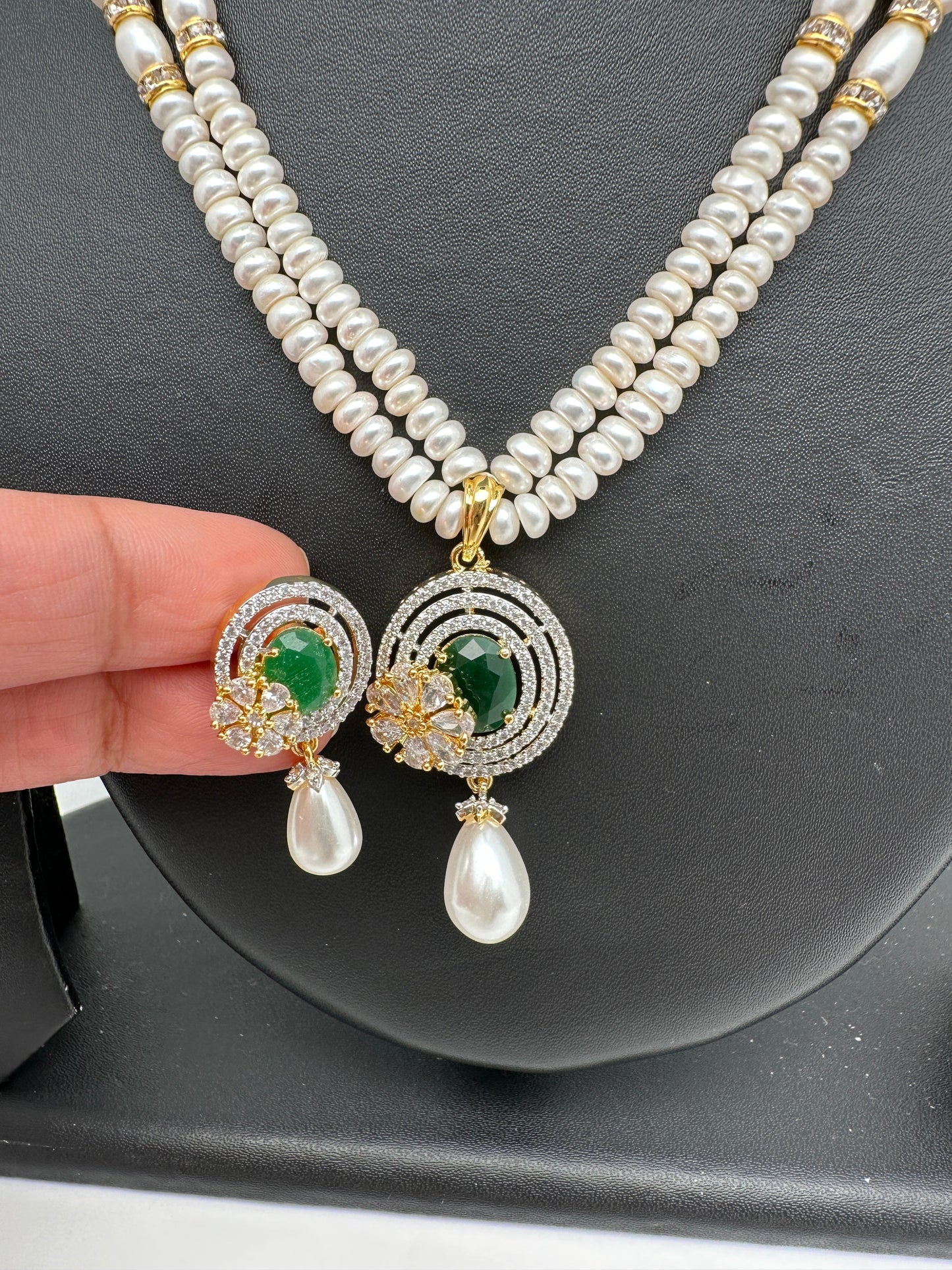 Green Stone AD Pendent Double Line Real Freshwater Pearls Necklace
