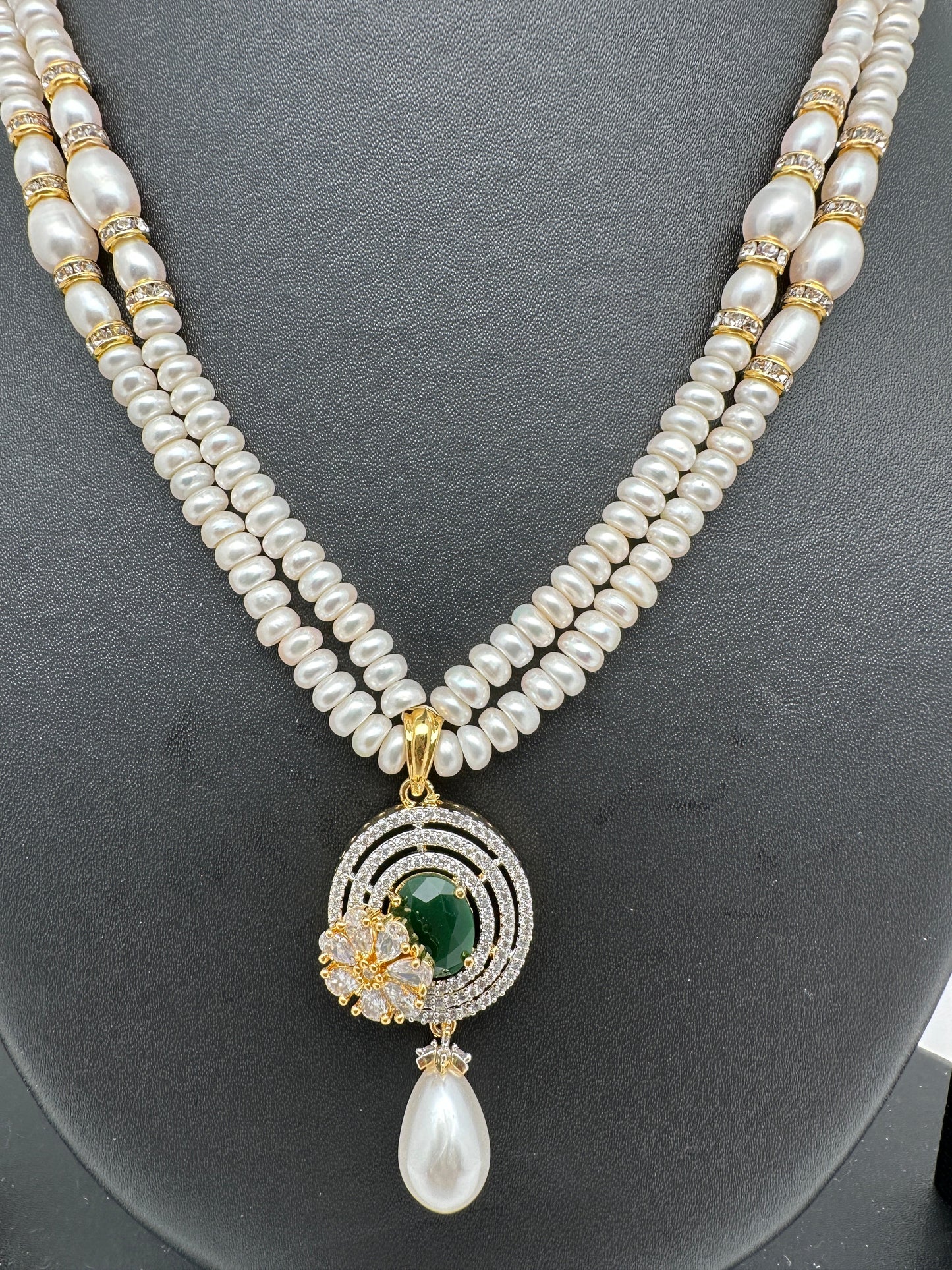 Green Stone AD Pendent Double Line Real Freshwater Pearls Necklace
