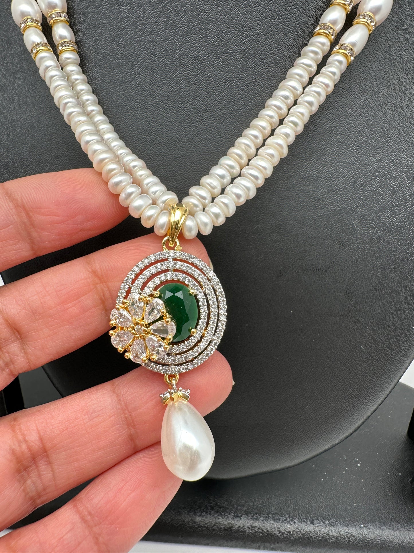Green Stone AD Pendent Double Line Real Freshwater Pearls Necklace