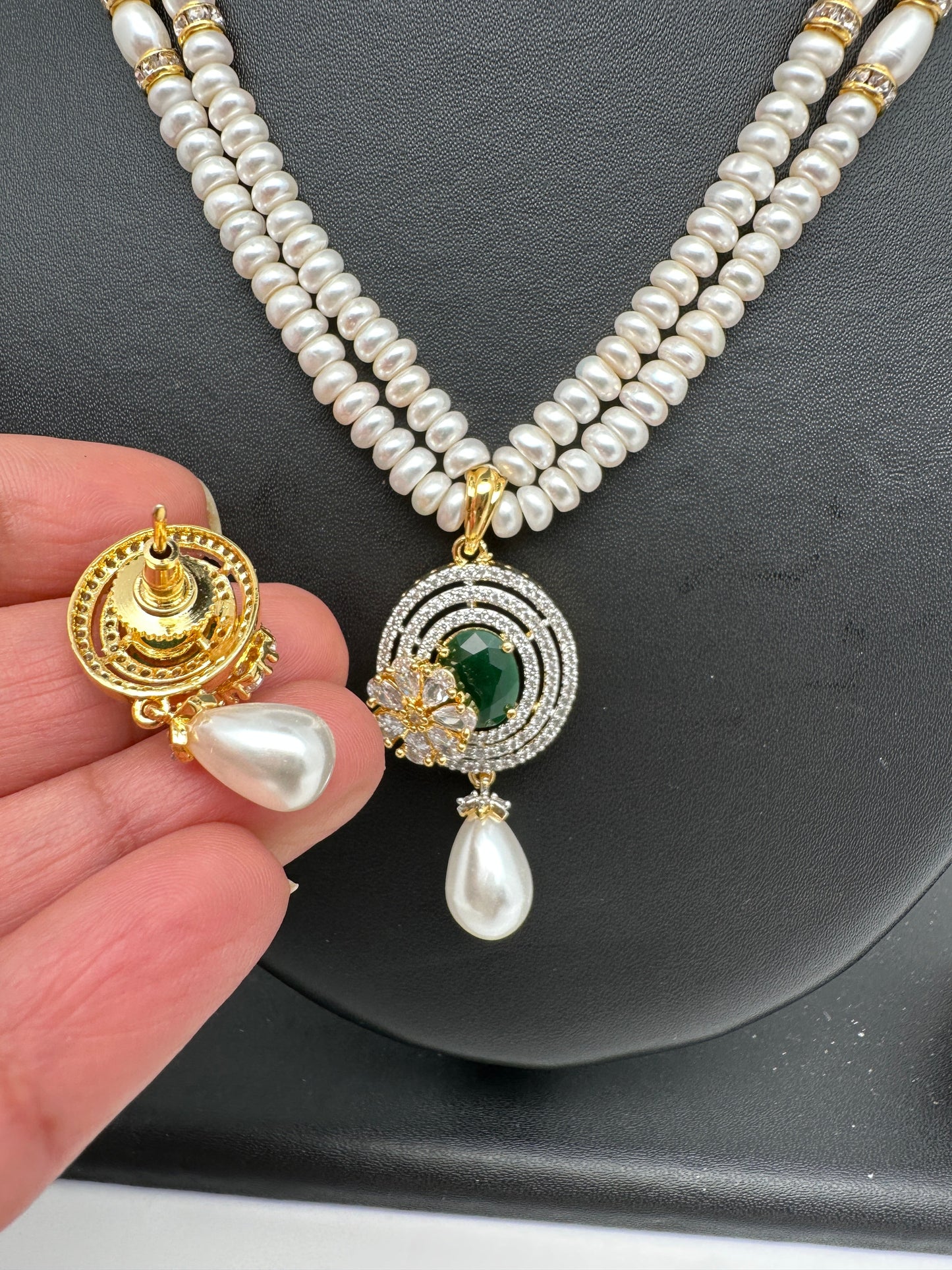 Green Stone AD Pendent Double Line Real Freshwater Pearls Necklace