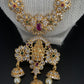 Traditional Long Lakshmi Pendent Necklace with Red and Green Stone CZ and Pearls