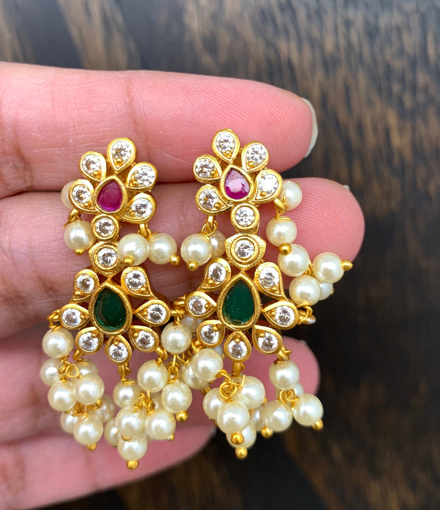 Traditional Long Guttapusalu with Red Green CZ and Pearls
