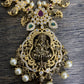Traditional Goddess Lakshmi Golden and Antique Finish Mango Links Red Green Kemp CZ Stones and Pearls Necklace