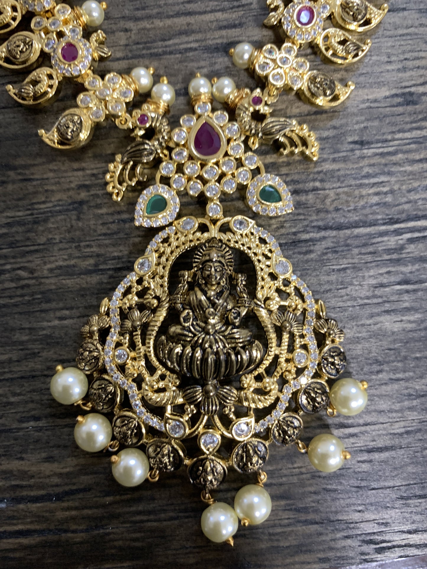 Traditional Goddess Lakshmi Golden and Antique Finish Mango Links Red Green Kemp CZ Stones and Pearls Necklace