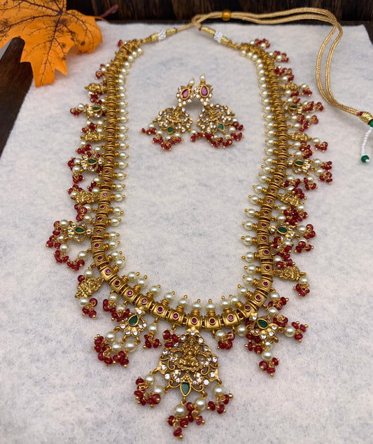 Goddess Lakshmi Pendent Red Beads Pearls Green Stone CZ and Pearls Traditional Guttapusalu