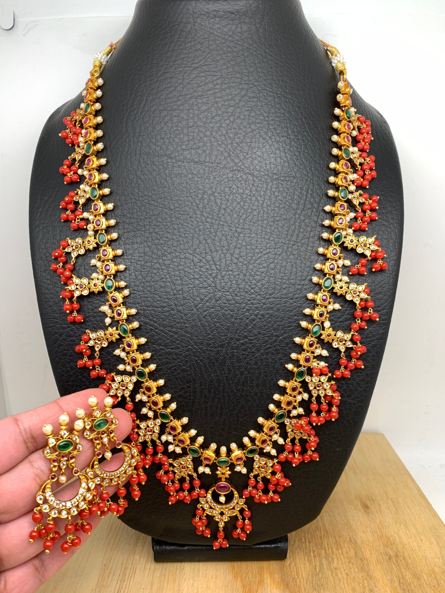 Red Beads Chandbali Style Medium Length Guttapusalu