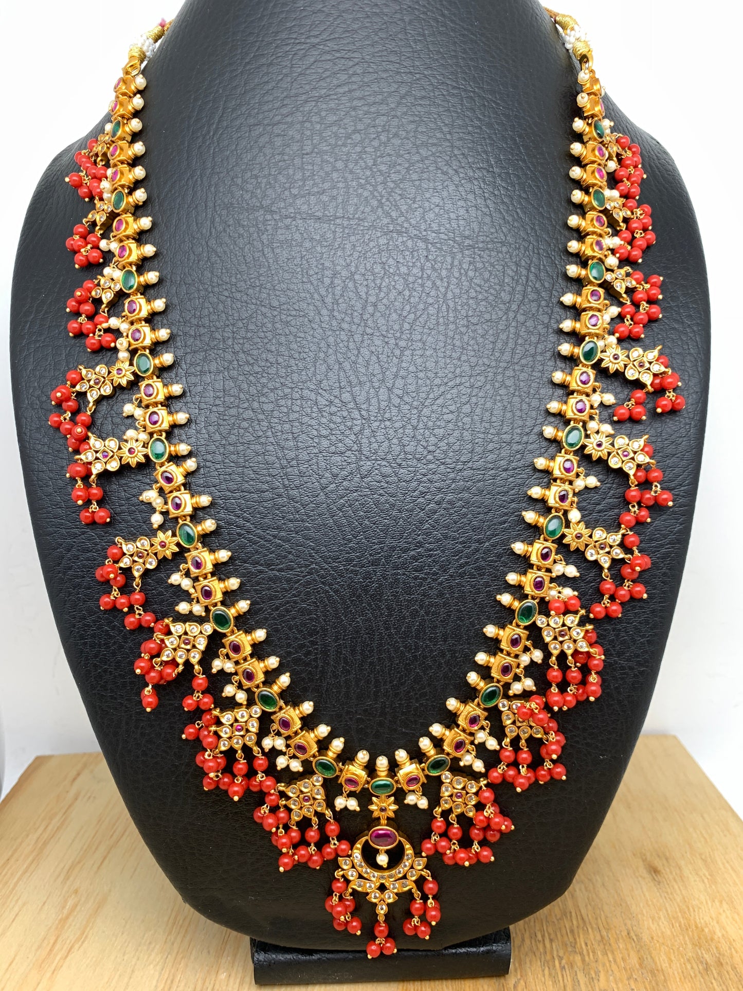 Red Beads Chandbali Style Medium Length Guttapusalu