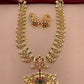 Peacock and Mango Pattern Red Green Kemp Stone Golden Polish Necklace