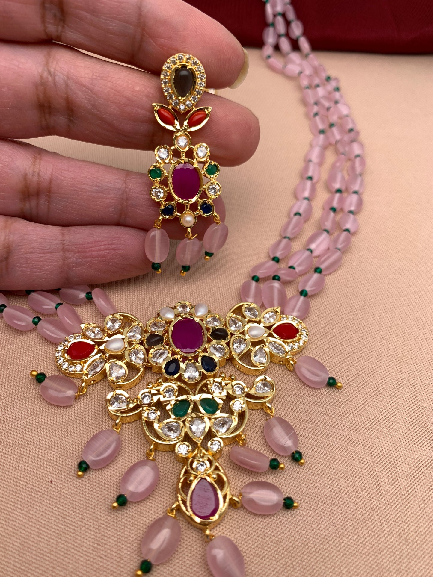 Navratan Multi Color Pendent with Pink Monalisa Beads