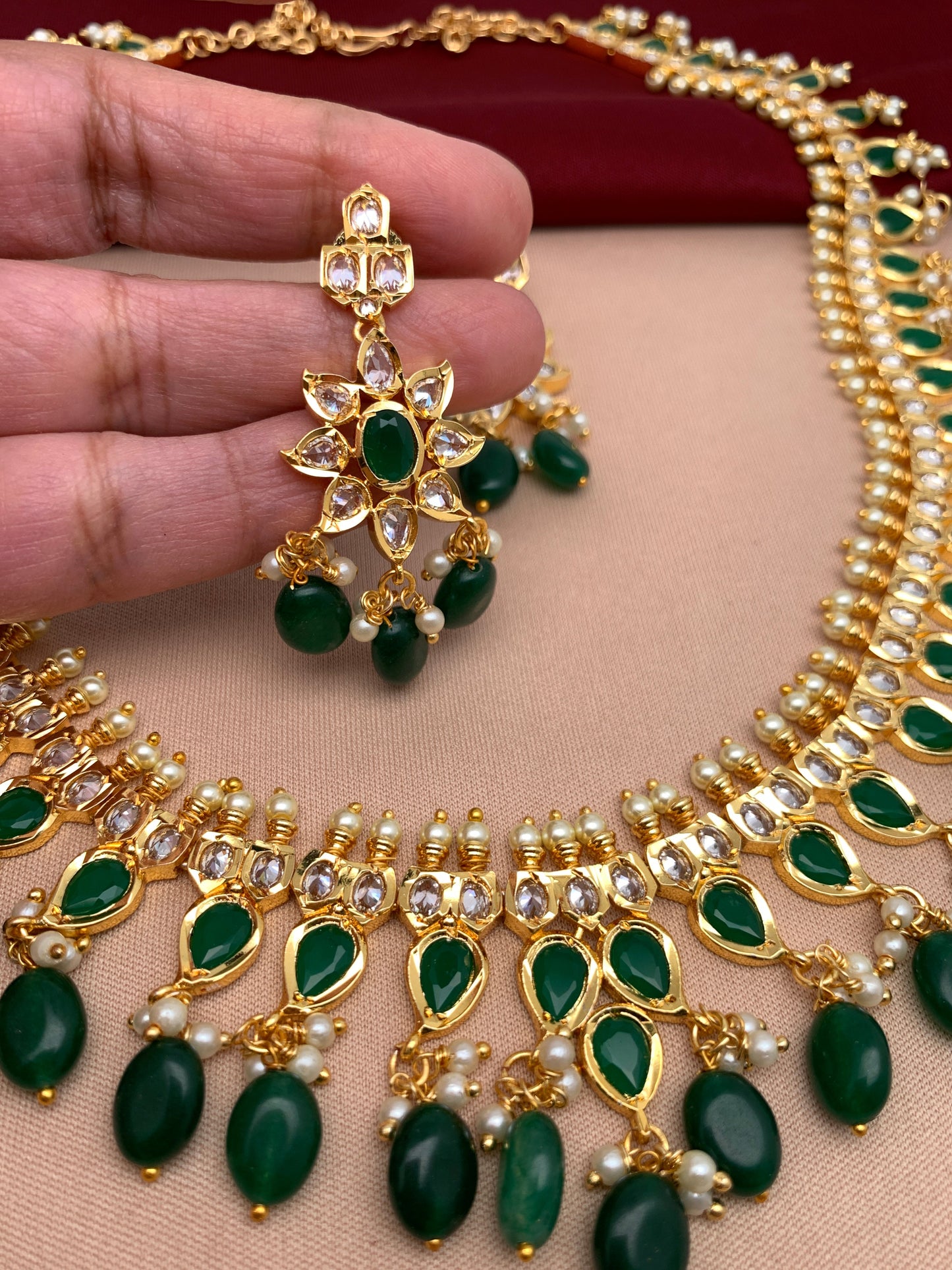 Green Stones CZ Long Necklace