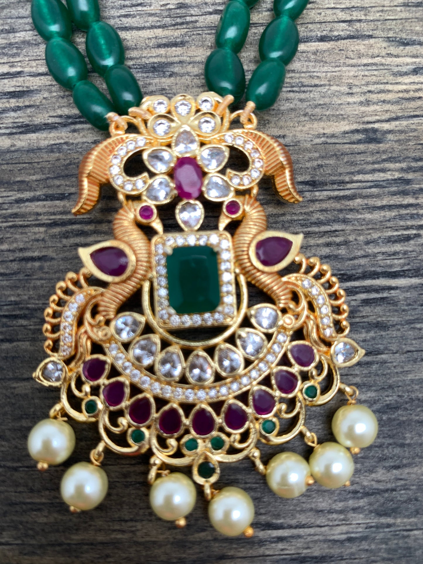 Peacock Pendent Necklace with Green Monalisa Beads