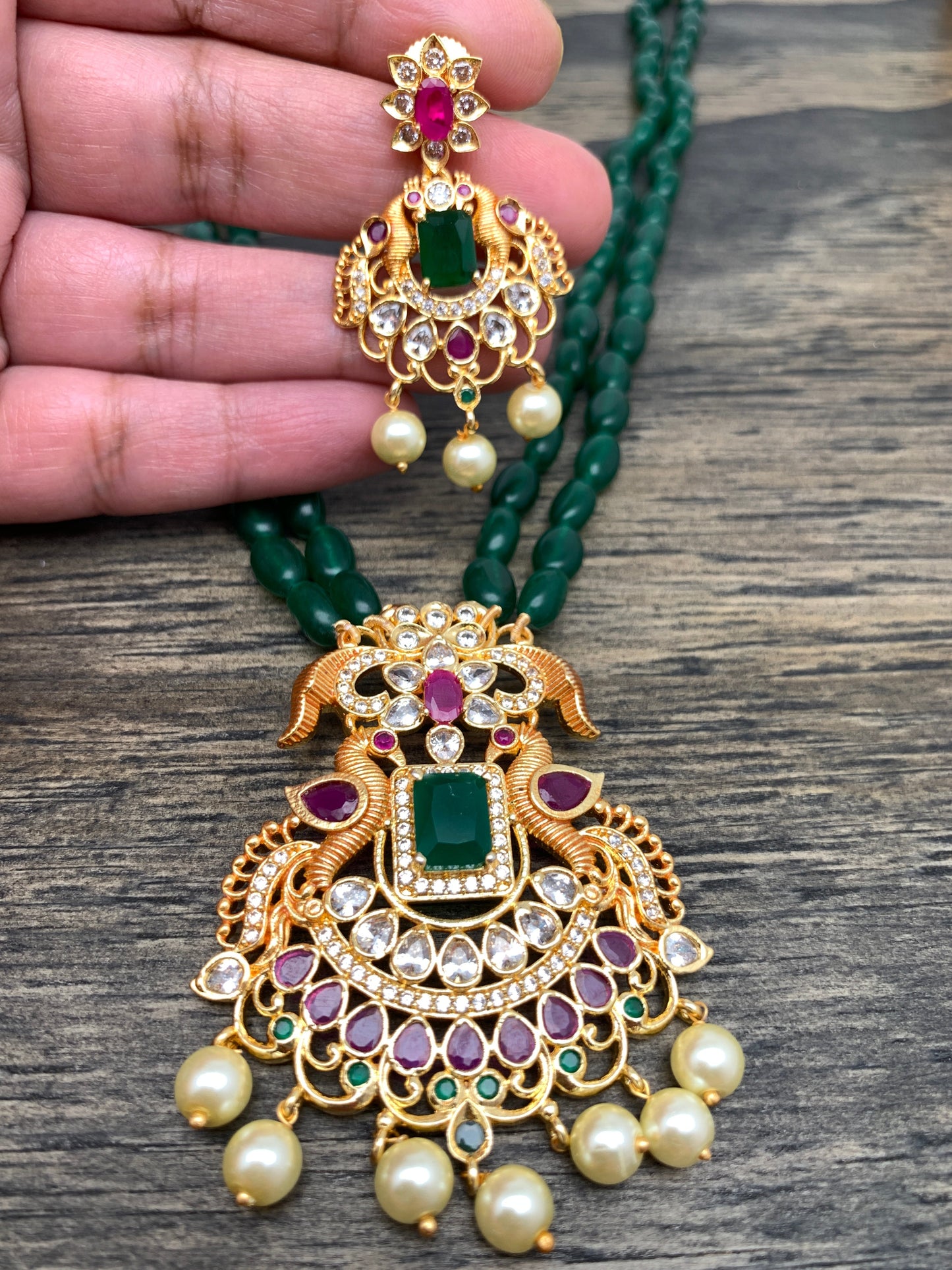 Peacock Pendent Necklace with Green Monalisa Beads