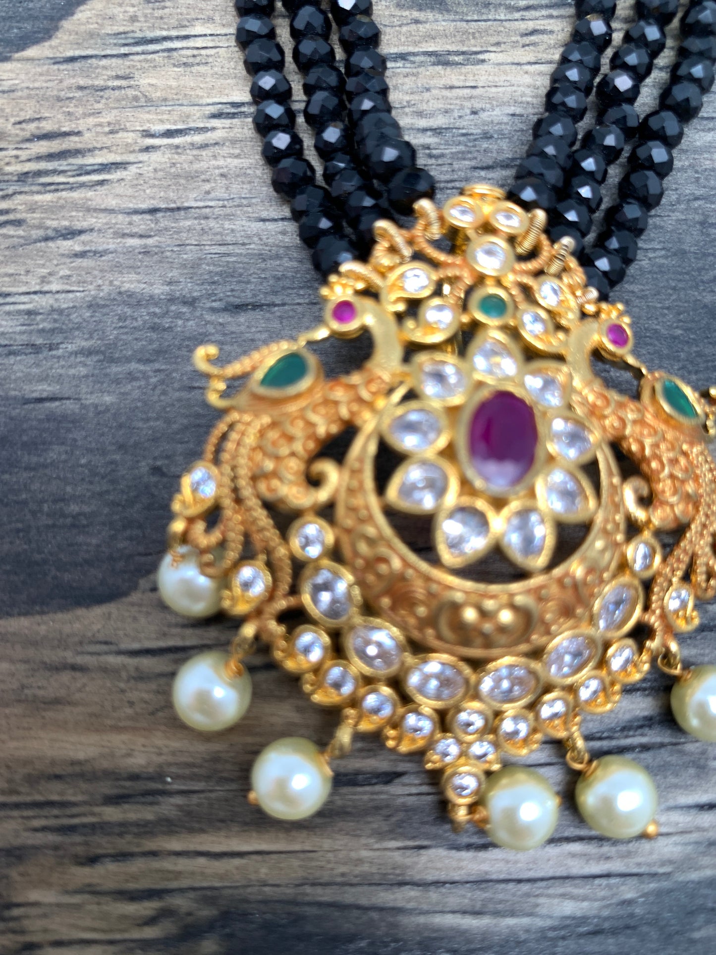 Multi Stone Floral pendent Black Crystal beads Long Necklace