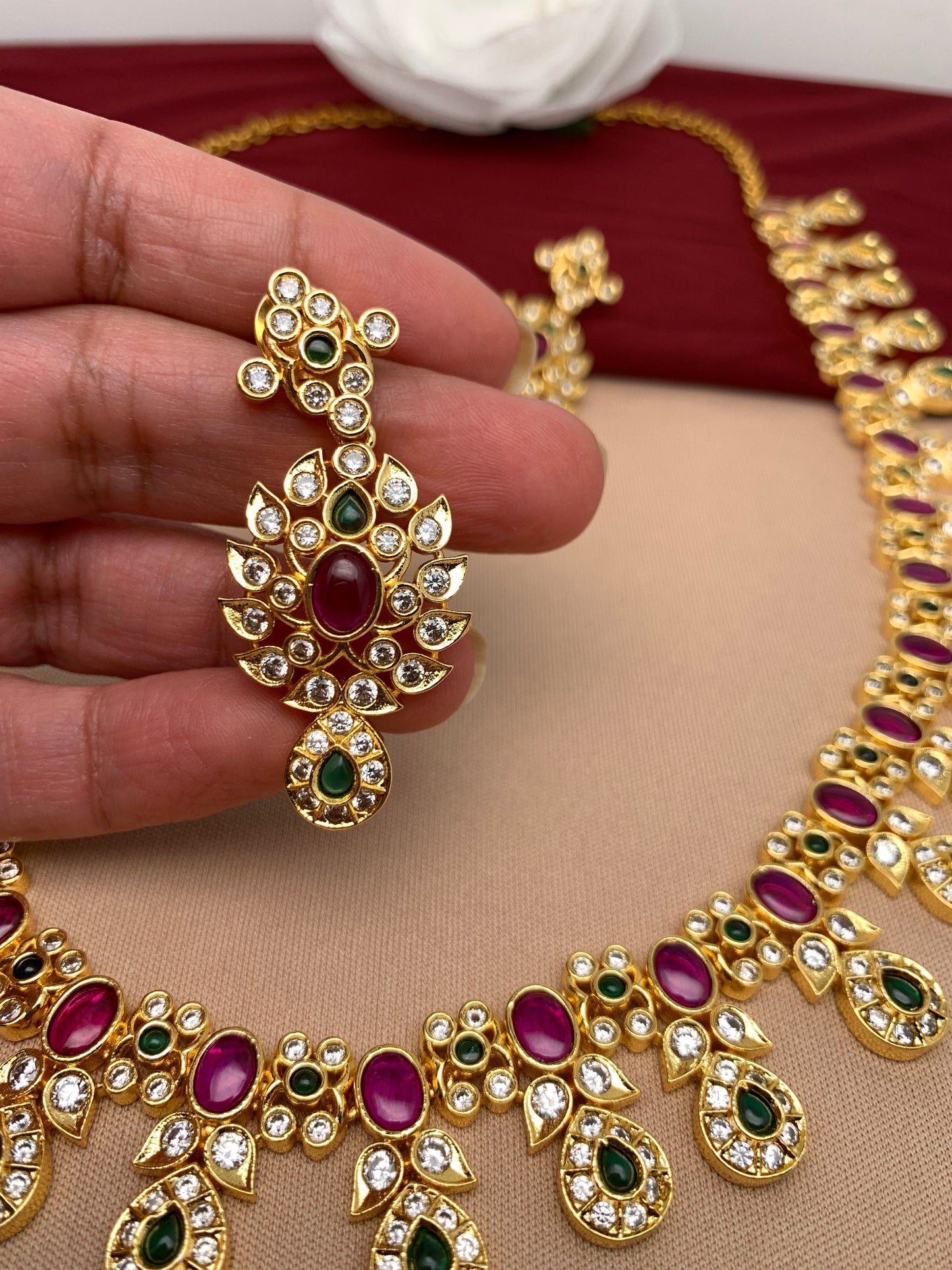 CZ Red Green Stone Long Necklace