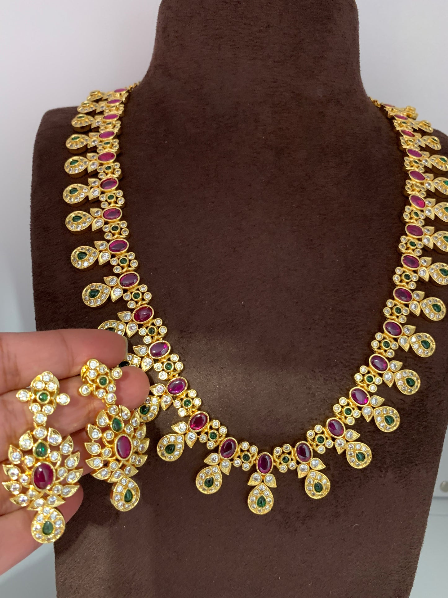 CZ Red Green Stone Long Necklace