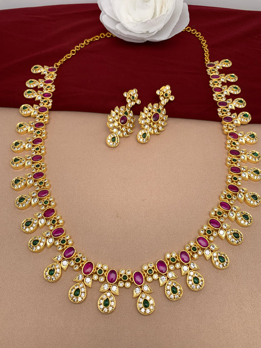 CZ Red Green Stone Long Necklace