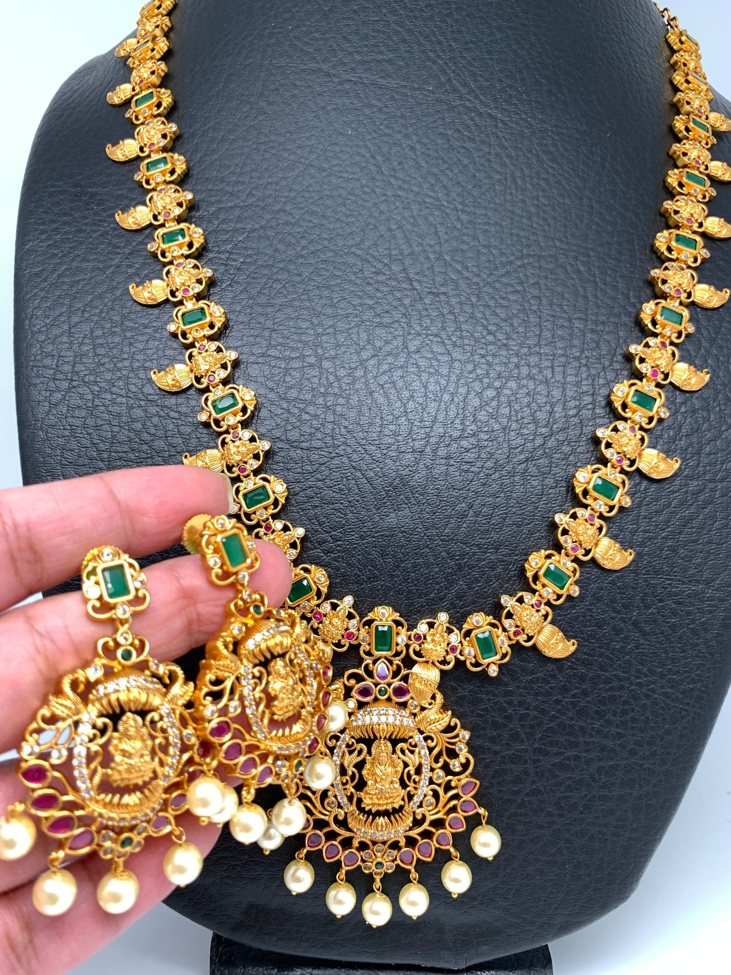 Matte Finish Goddess Lakshmi CZ Green Stones Long Necklace