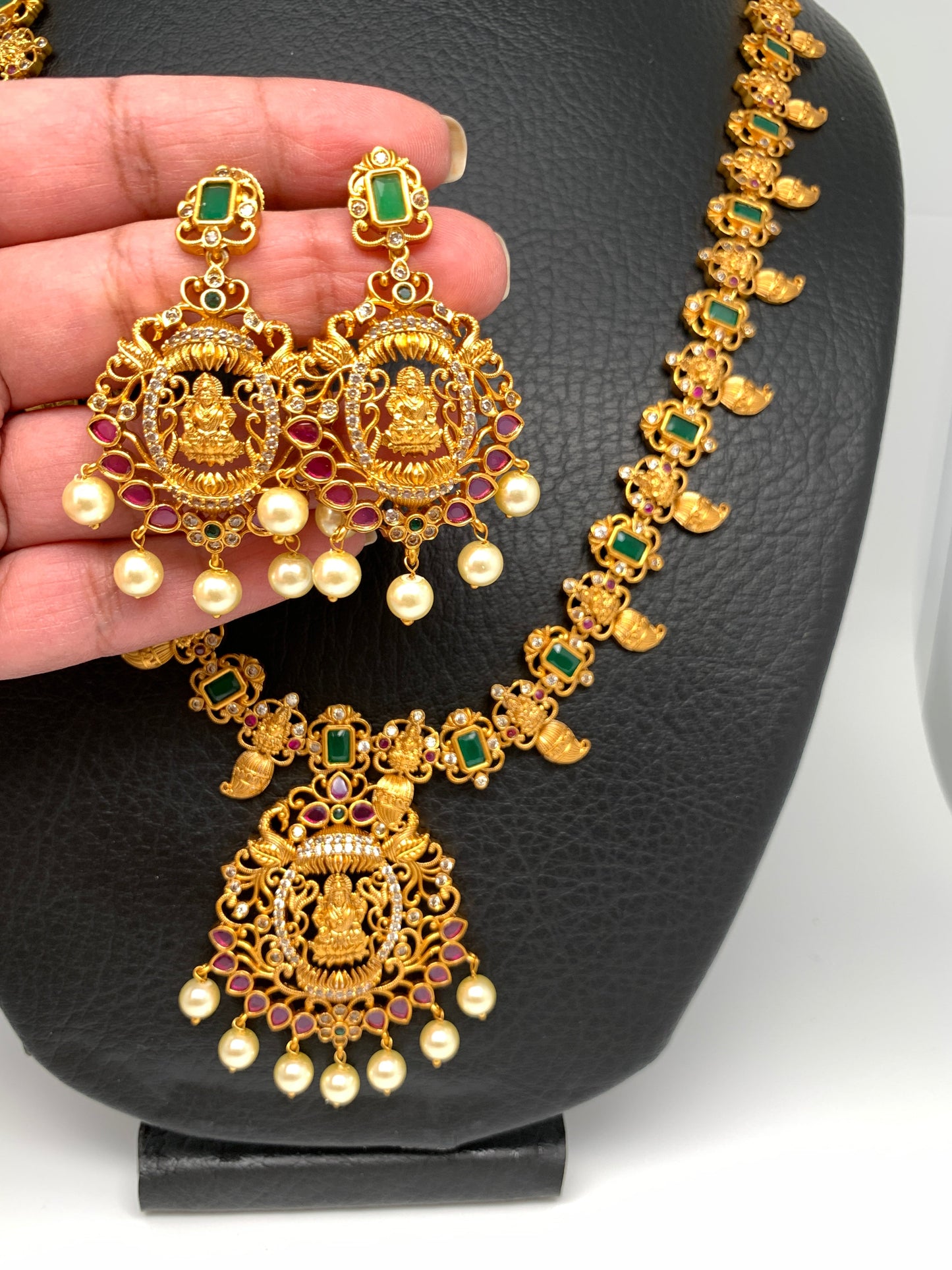 Matte Finish Goddess Lakshmi CZ Green Stones Long Necklace