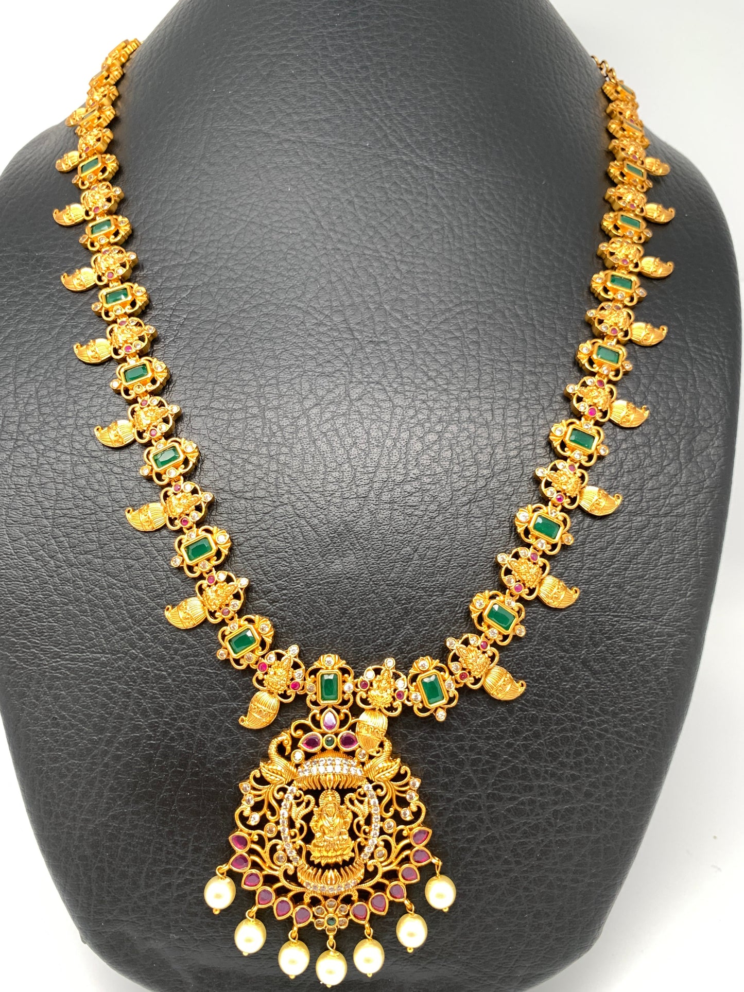 Matte Finish Goddess Lakshmi CZ Green Stones Long Necklace