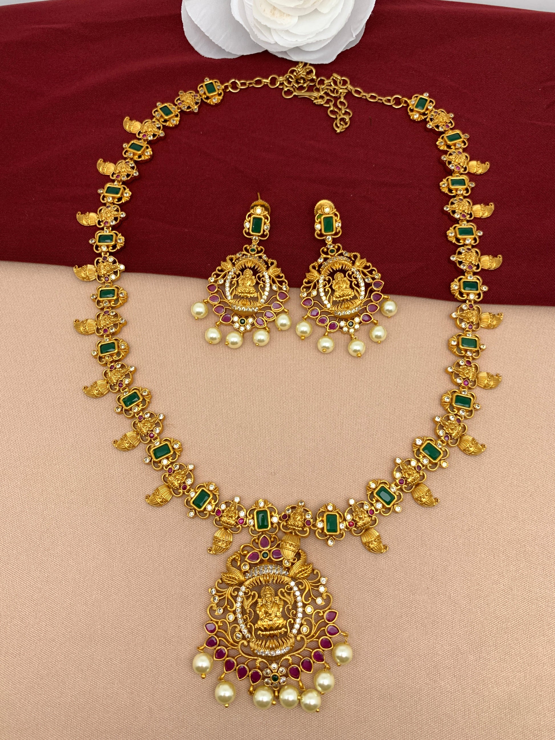 Matte Finish Goddess Lakshmi CZ Green Stones Long Necklace