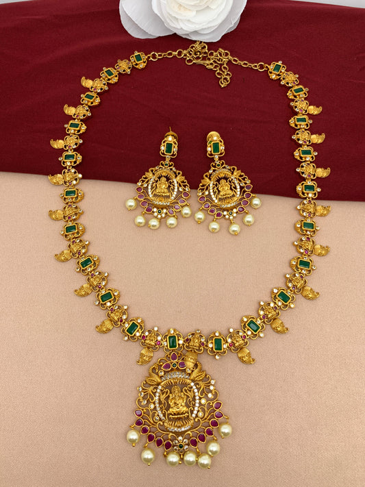 Matte Finish Goddess Lakshmi CZ Green Stones Long Necklace