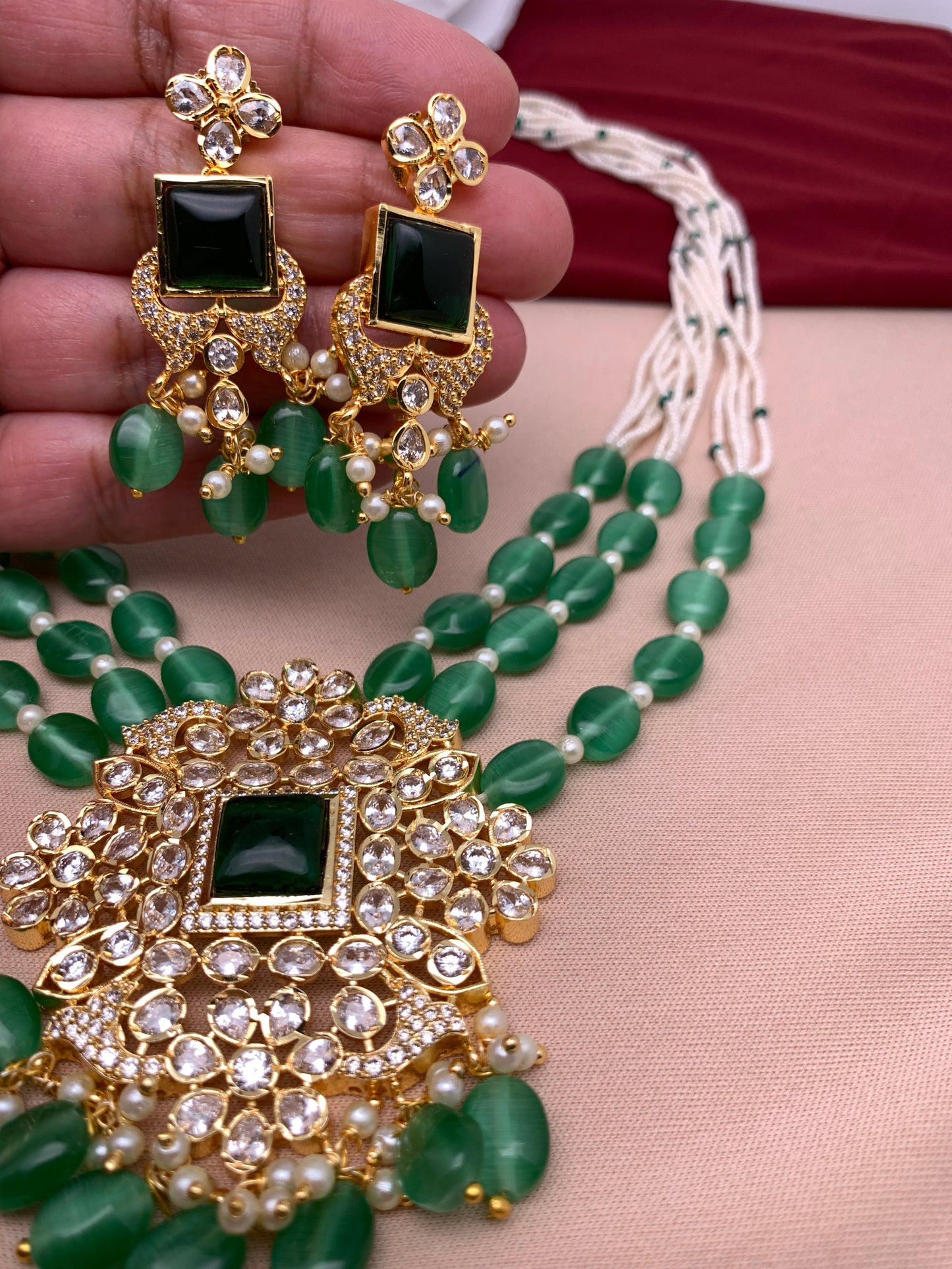 Green Monalisa and Micro Pearl Beads Green Stone and CZ Pendent Long Necklace