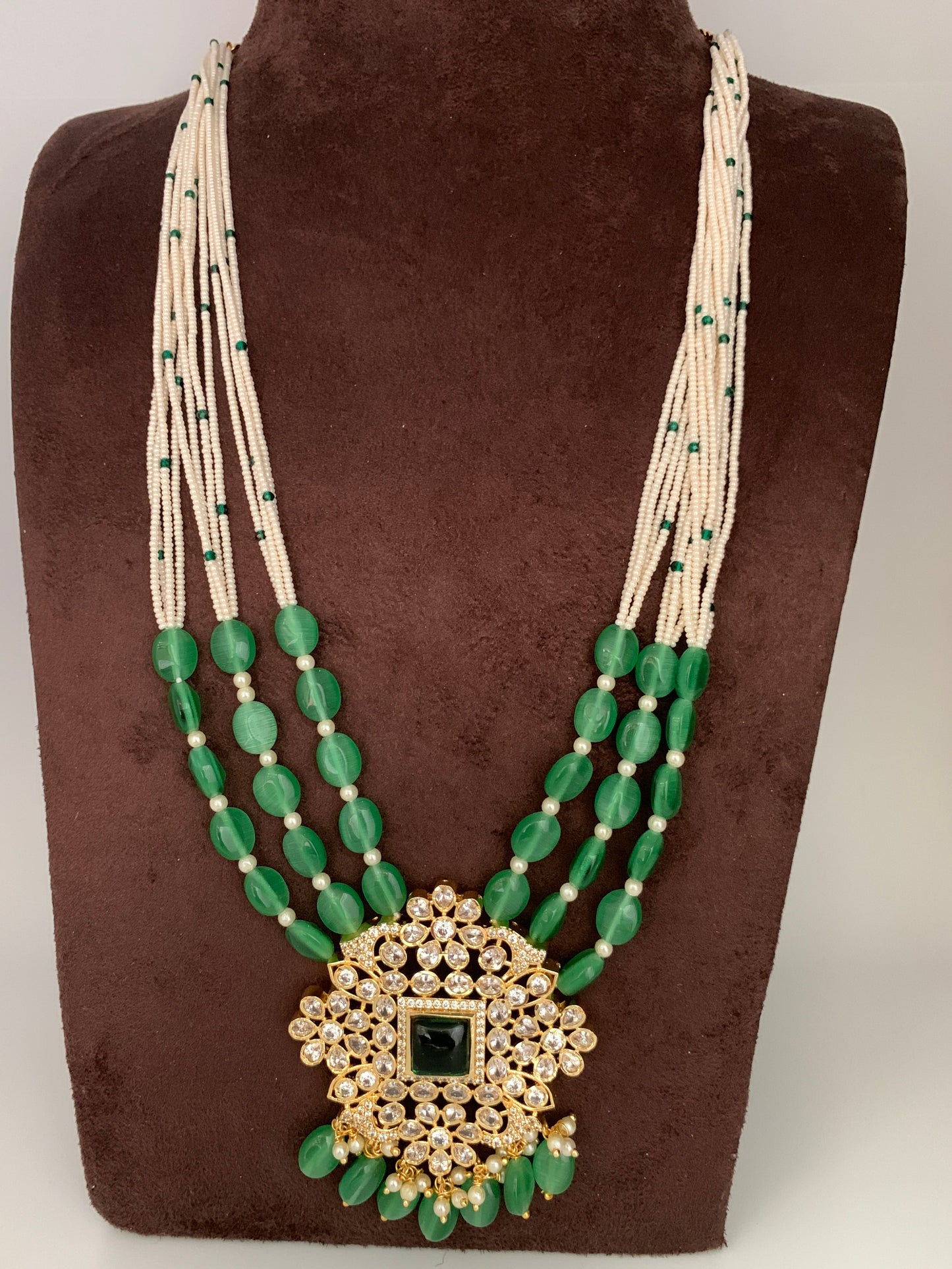 Green Monalisa and Micro Pearl Beads Green Stone and CZ Pendent Long Necklace