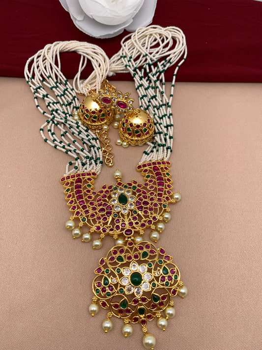 Green Beads Micro Pearl Beads Red Green Stone CZ Pendent Long Necklace