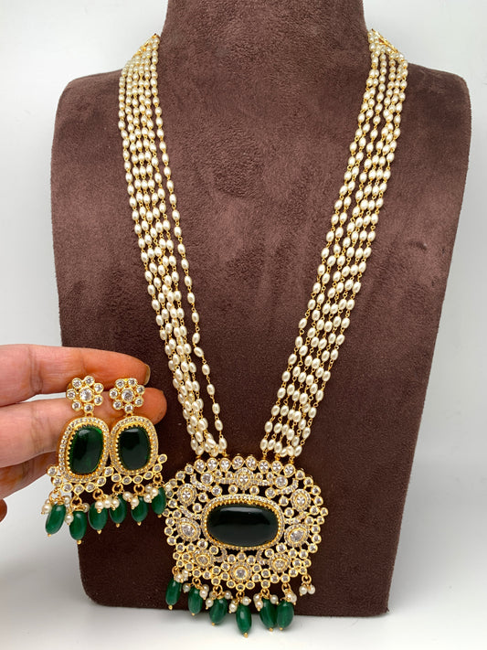 Green Stone CZ Green Monalisa Beads and Pearl Long Rani Haar